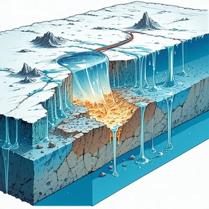 A Blue And White Illustration Of A Mountain With A Waterfall Is Shown