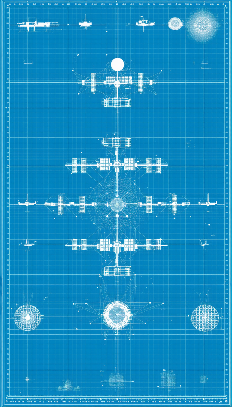 A Blue Drawing Of A Space Station Is Displayed
