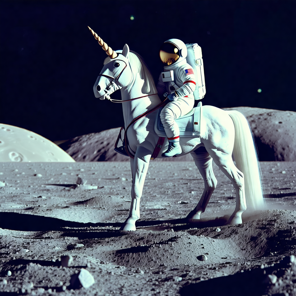 White unicorn with a space suit on its back, carrying a s...