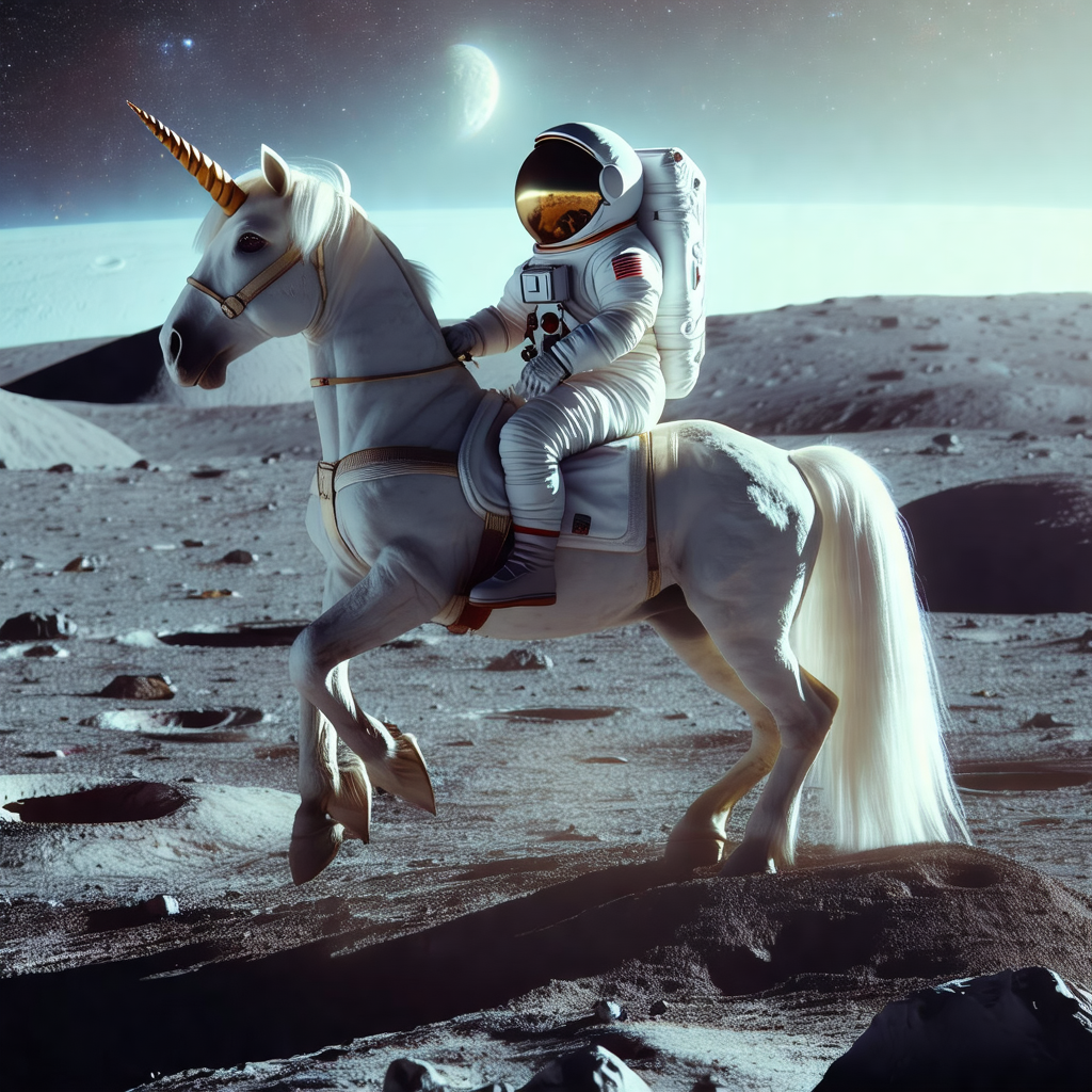 White unicorn with a man in a space suit riding on its back