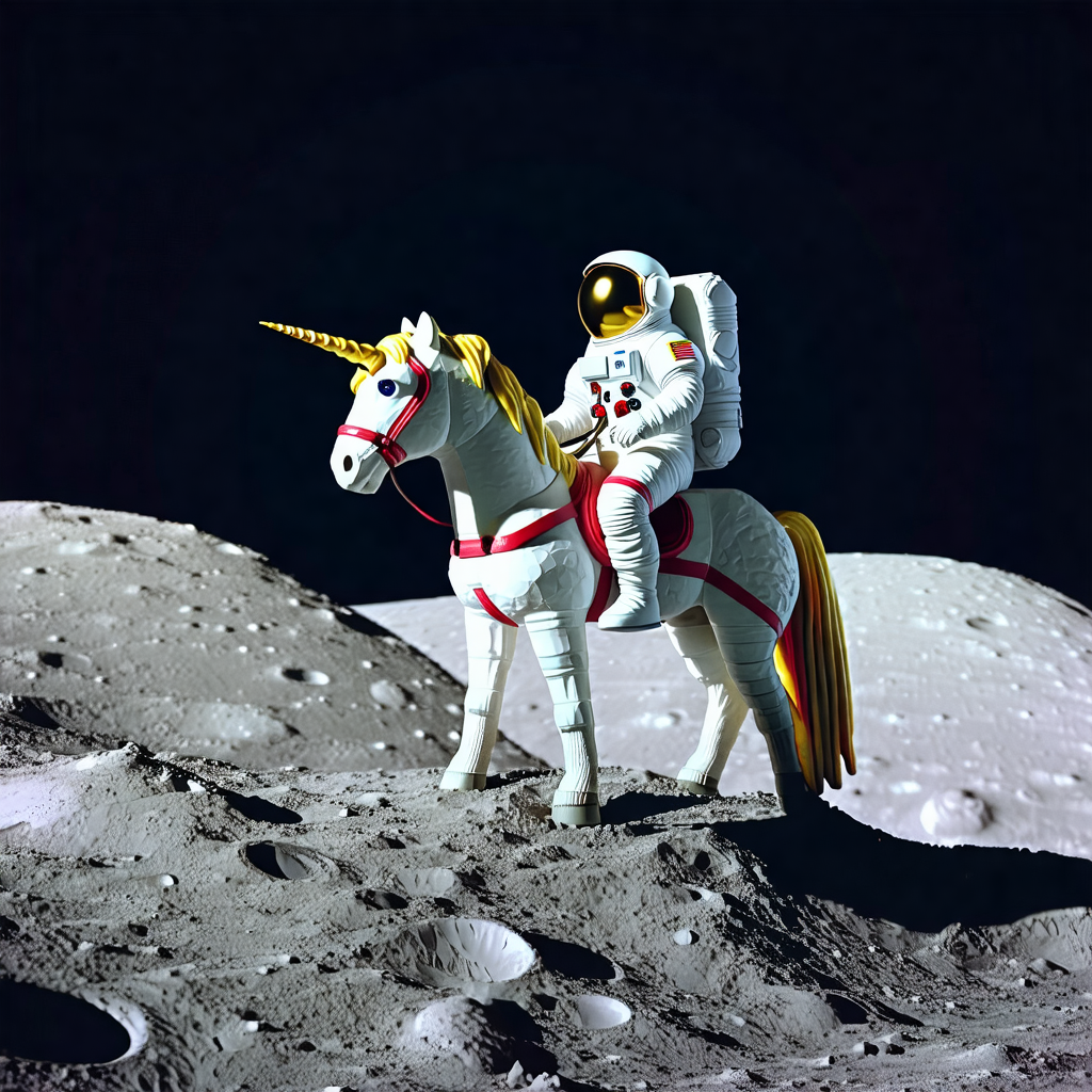 Toy astronaut riding a toy horse on a toy moon