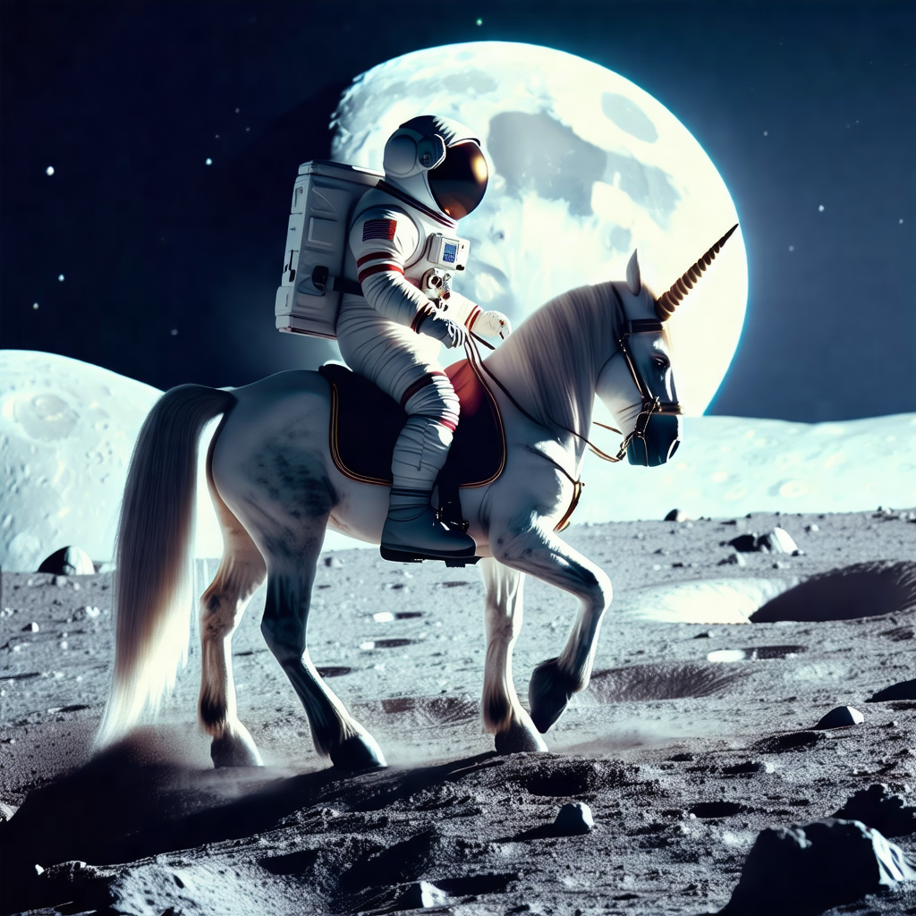 Man dressed in a space suit riding a white horse on the moon