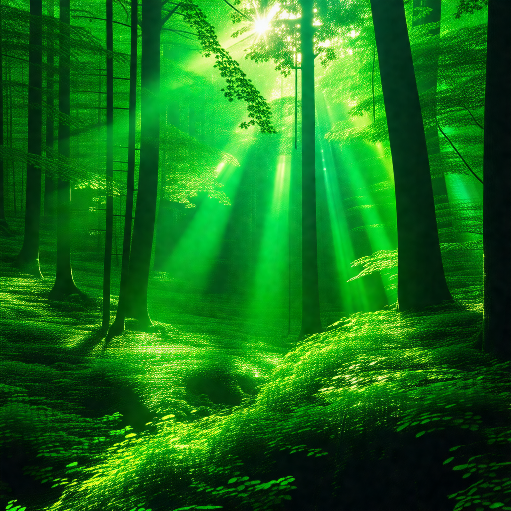 Lush green forest filled with trees and sunlight