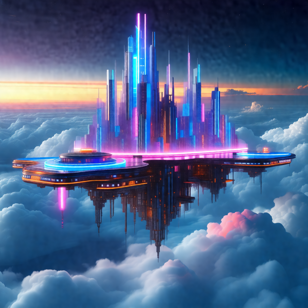Futuristic city floating in the sky, surrounded by clouds