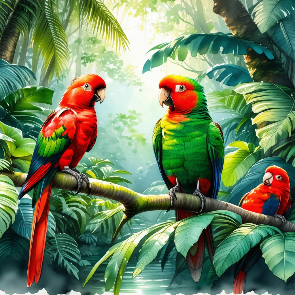 Group of colorful birds perched on tree branches
