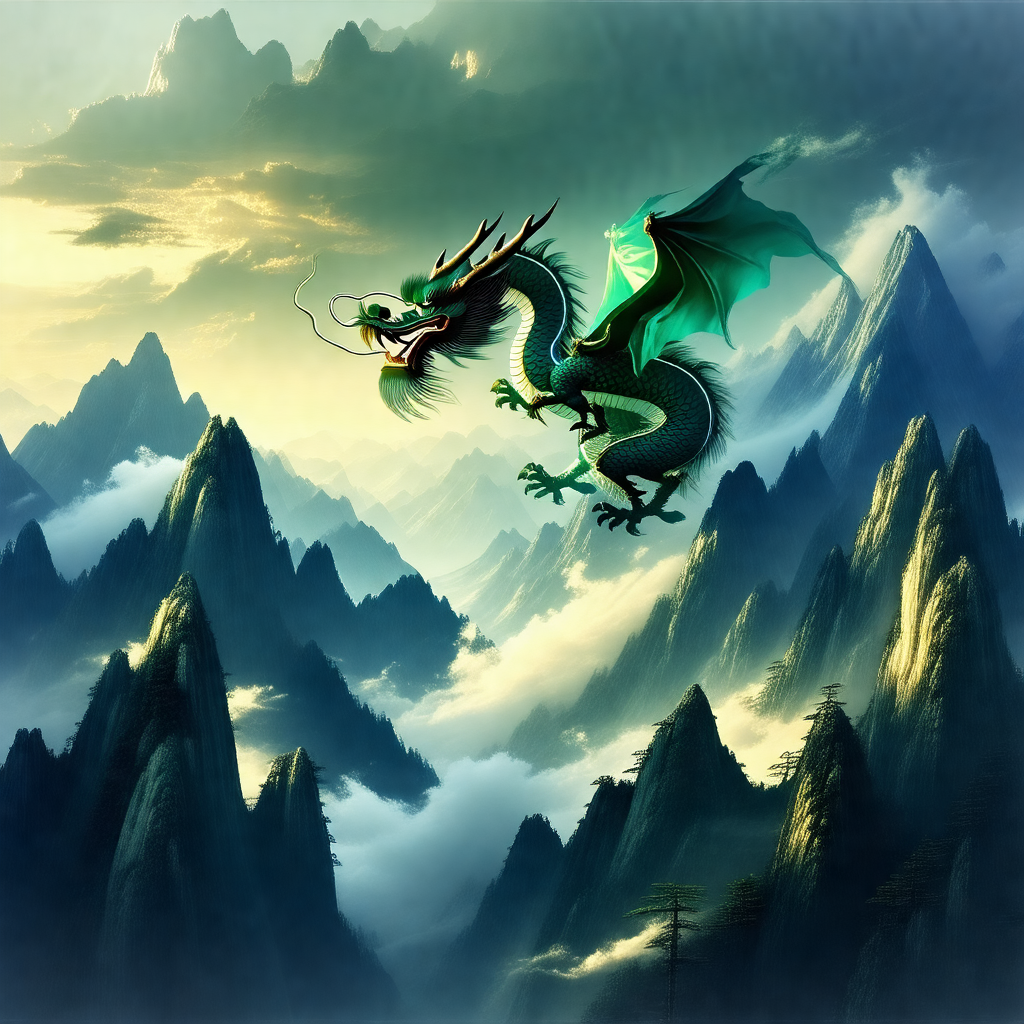 Dragon flying through the sky, with its mouth open