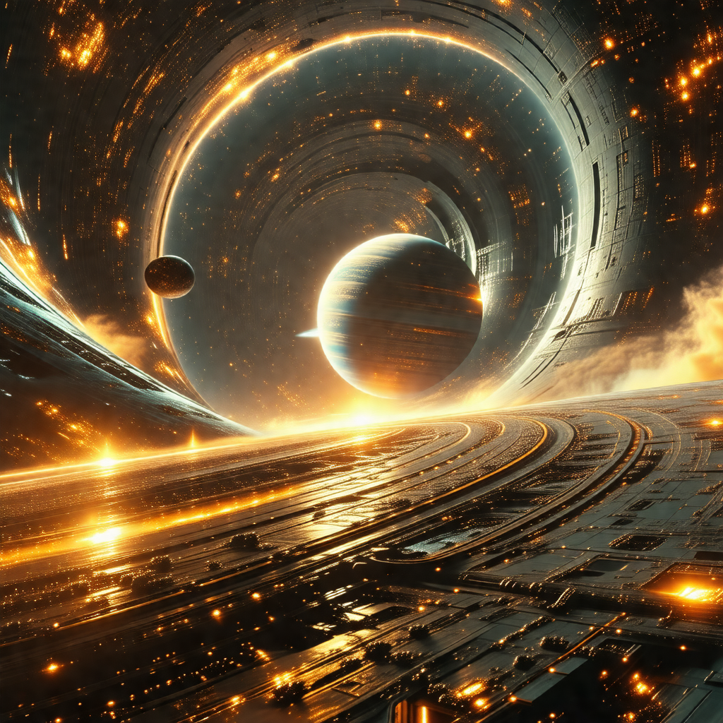 Futuristic scene featuring a large, round spacecraft with...