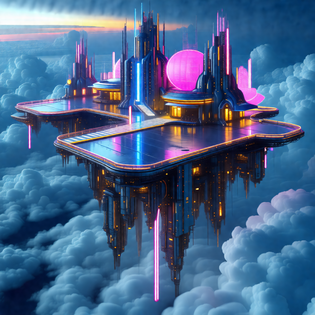 Futuristic city with a large, purple, pink, and blue buil...