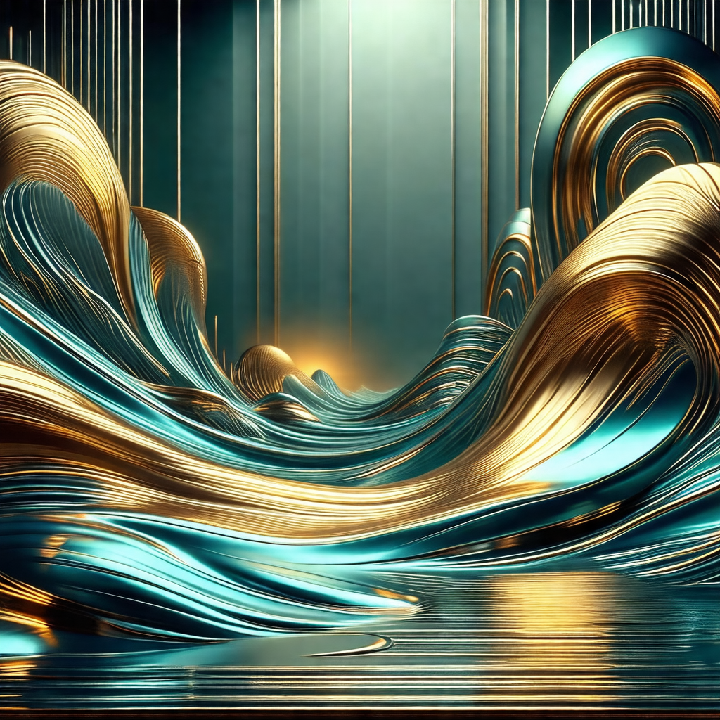Large, intricate sculpture of a wave, made of gold and bl...