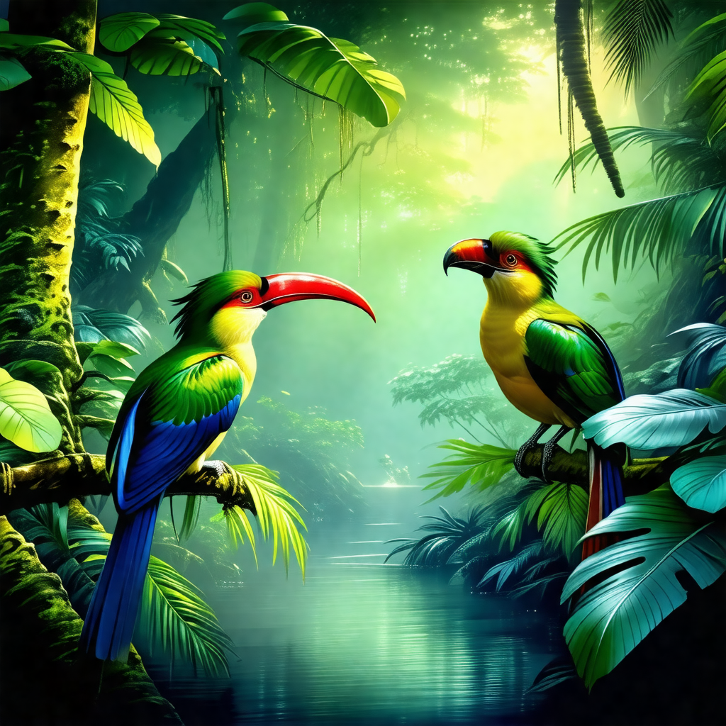 Two colorful birds perched on tree branches in a lush gre...