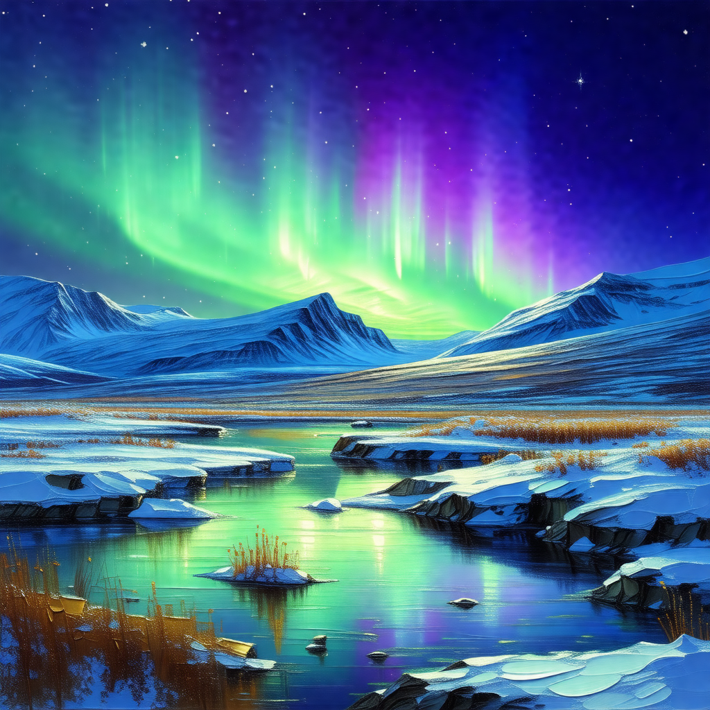 Serene scene of a frozen lake surrounded by snow-covered ...
