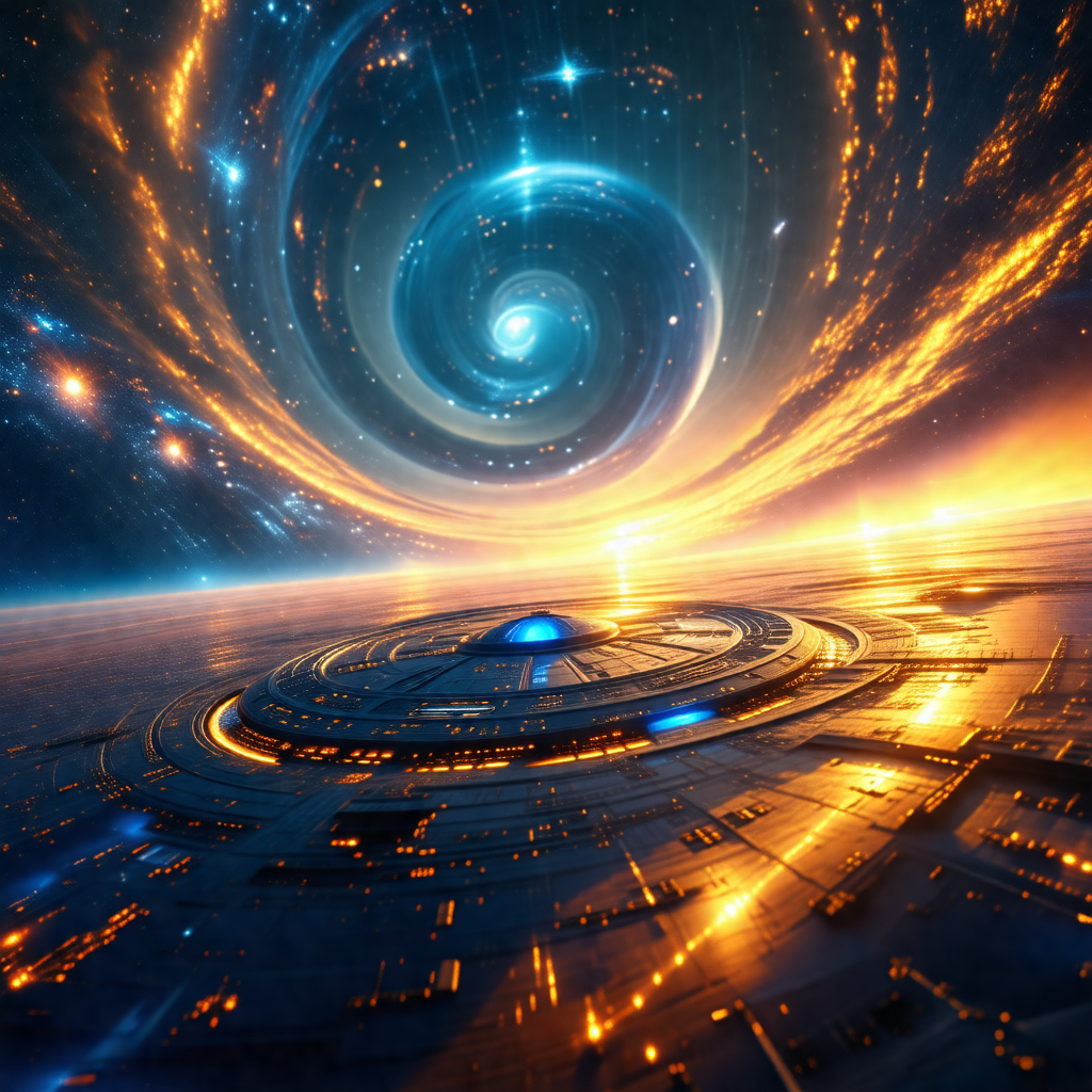 Futuristic spacecraft with a spiral design, floating in t...