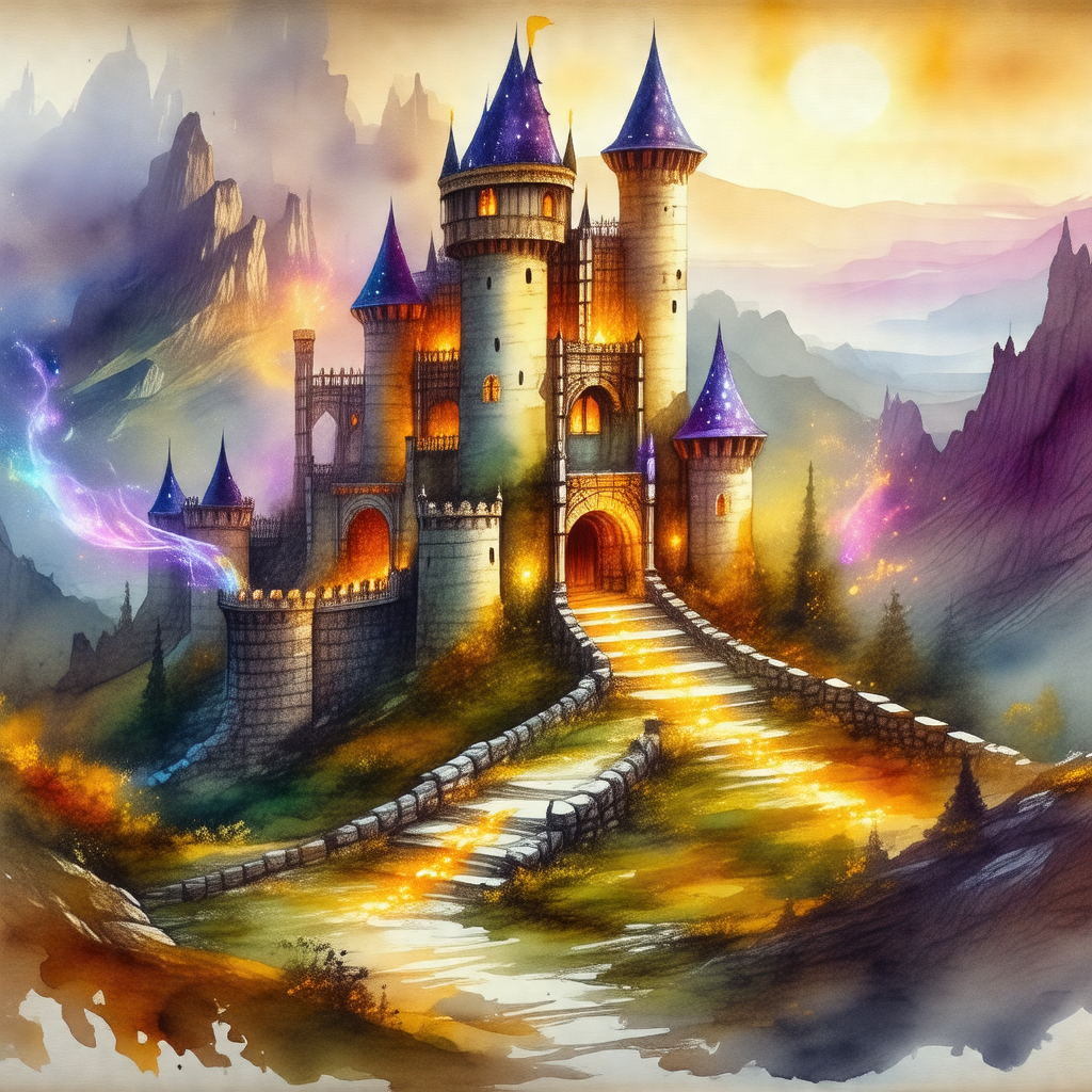 Painting of a large, old castle with a winding road leadi...