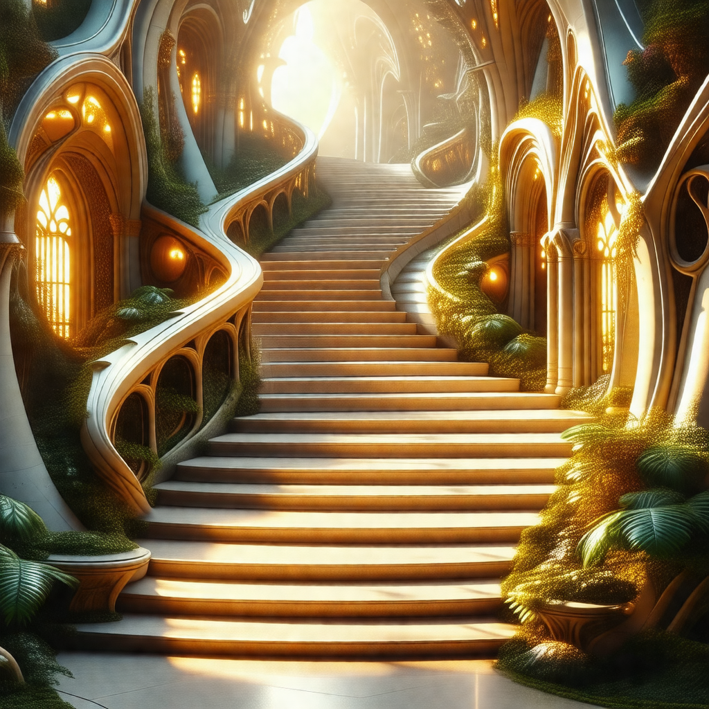 Digital painting of a staircase leading to a castle