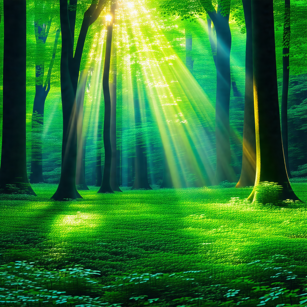 Lush green forest filled with trees and sunlight
