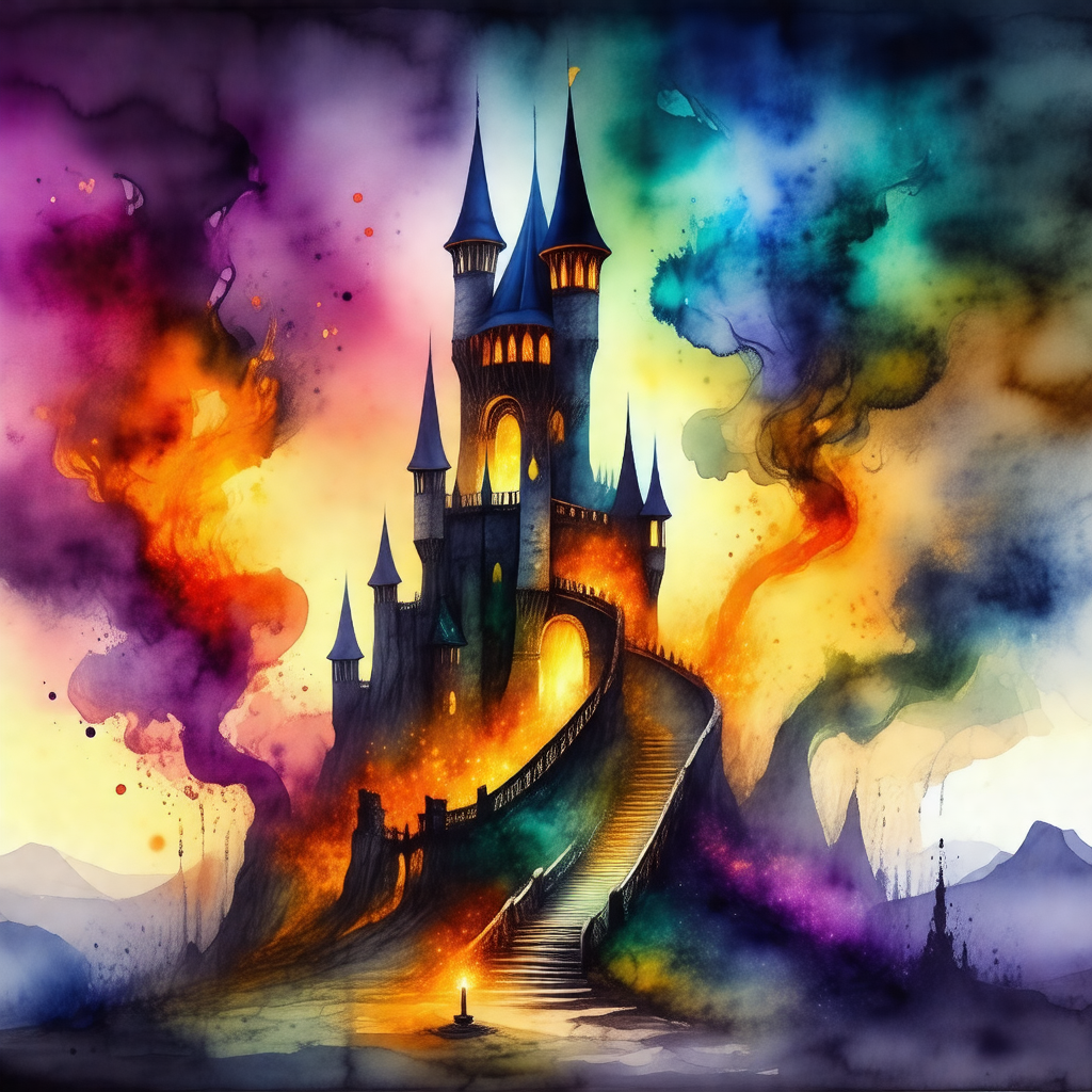 Colorful, fantasy-like castle with a long staircase leadi...