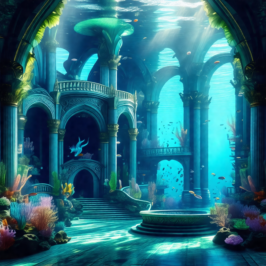 Beautifully drawn underwater scene featuring a palace wit...