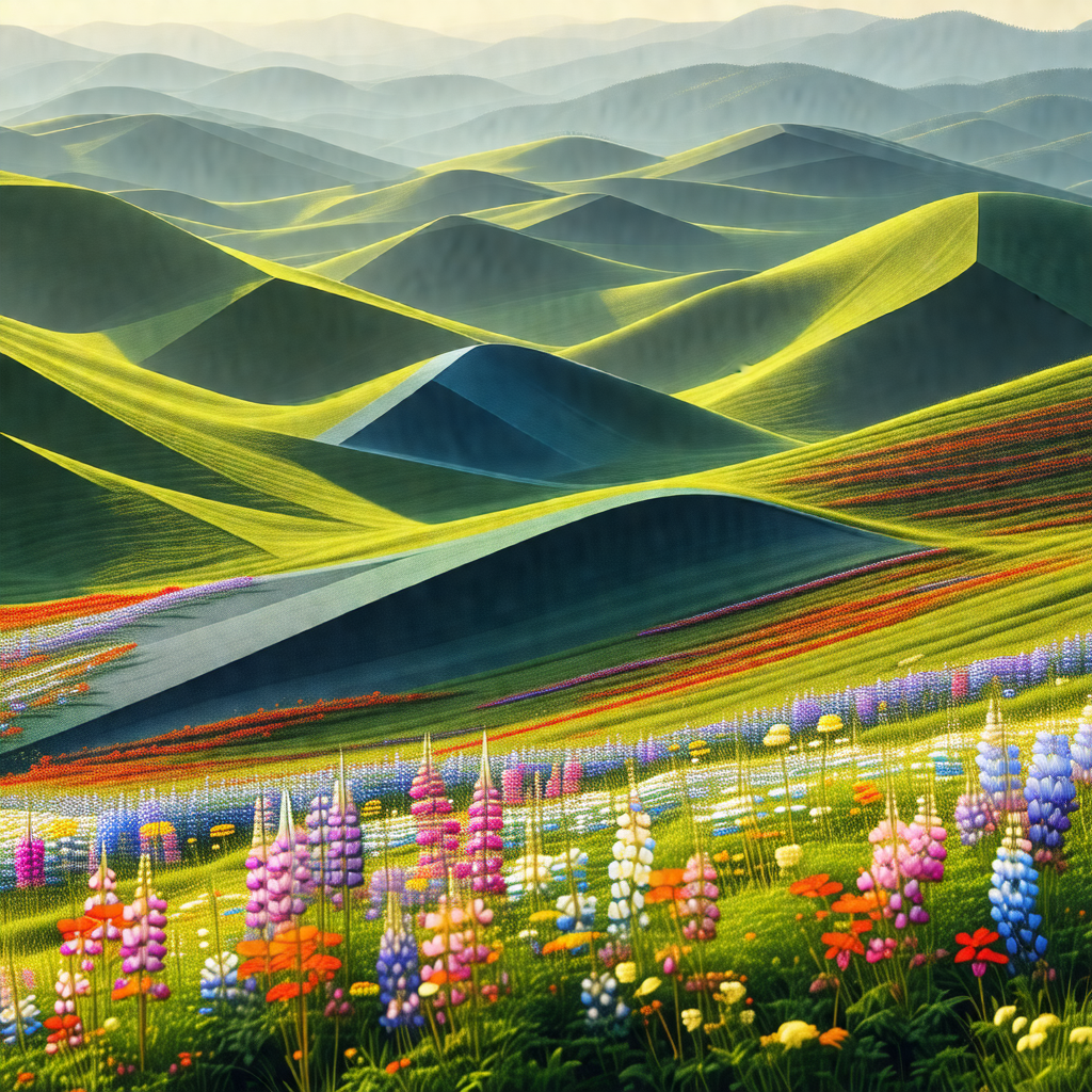 Beautiful, lush green hillside with a mountain range in t...