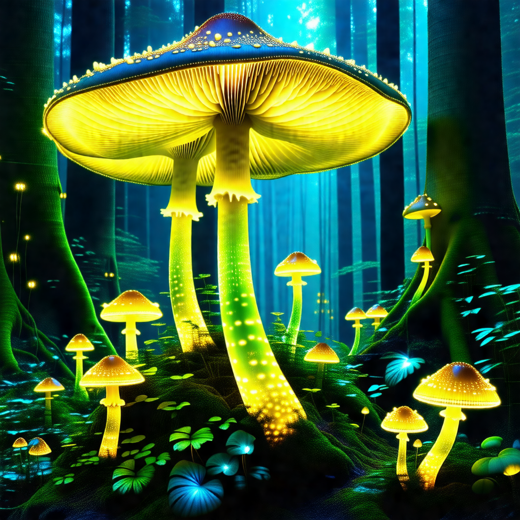Vibrant and colorful forest scene with a large, glowing m...