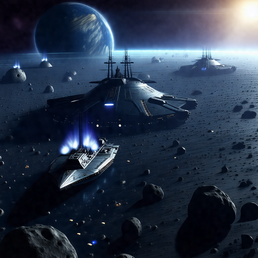 Futuristic space scene with a large spacecraft and a smal...