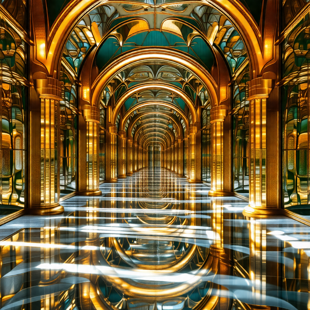 Long, narrow hallway with a reflective surface, likely a ...