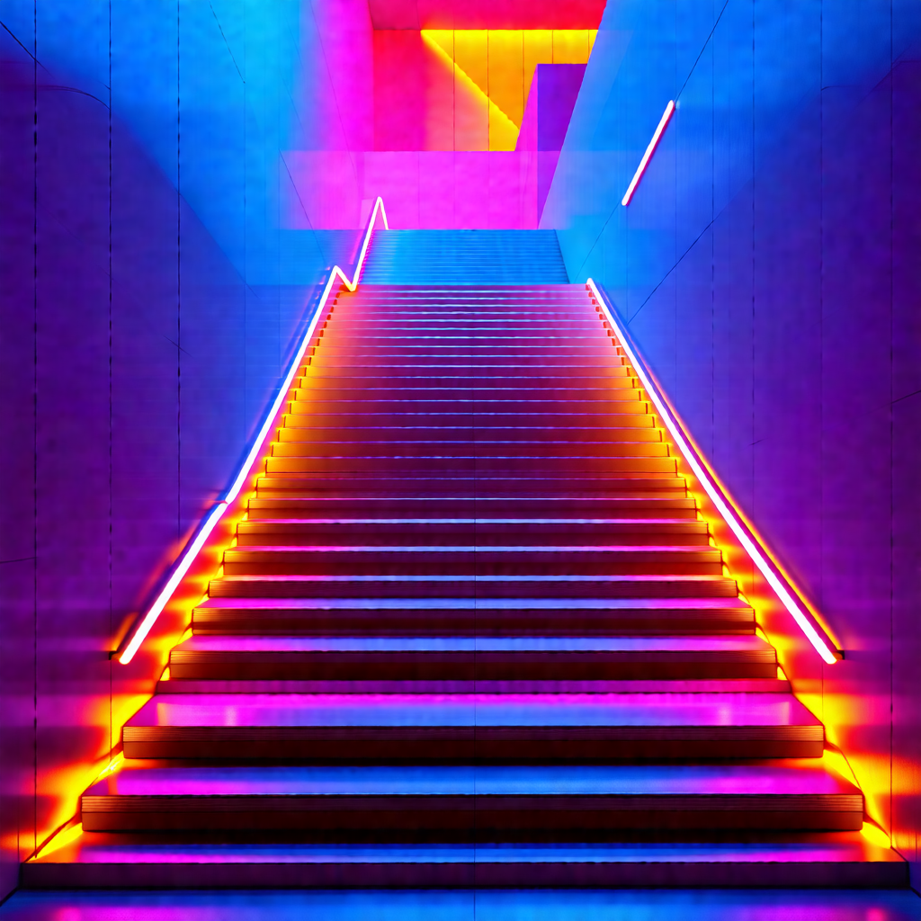 Staircase with a blue and purple light illuminating the s...