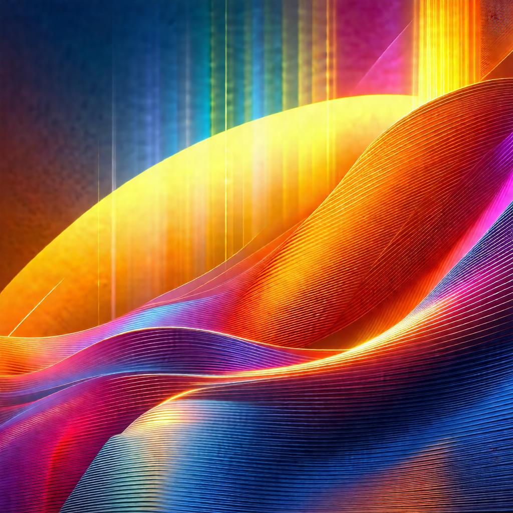 Colorful and abstract artwork featuring a large, curved s...