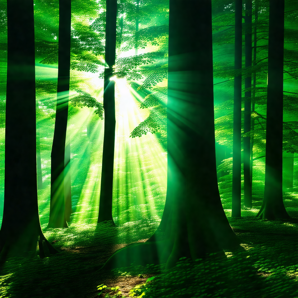 Lush green forest with a bright sun shining through the t...