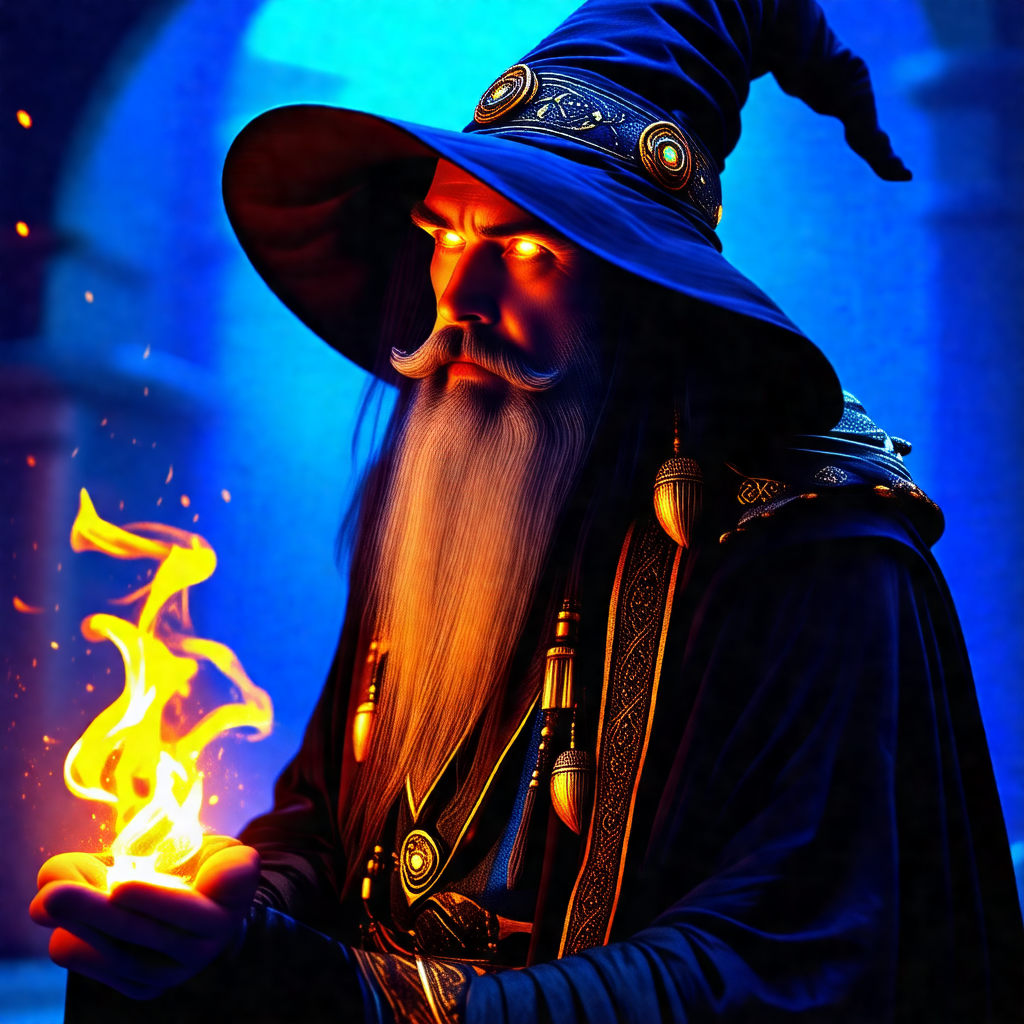 Man dressed in a wizard's outfit, complete with a wig and...