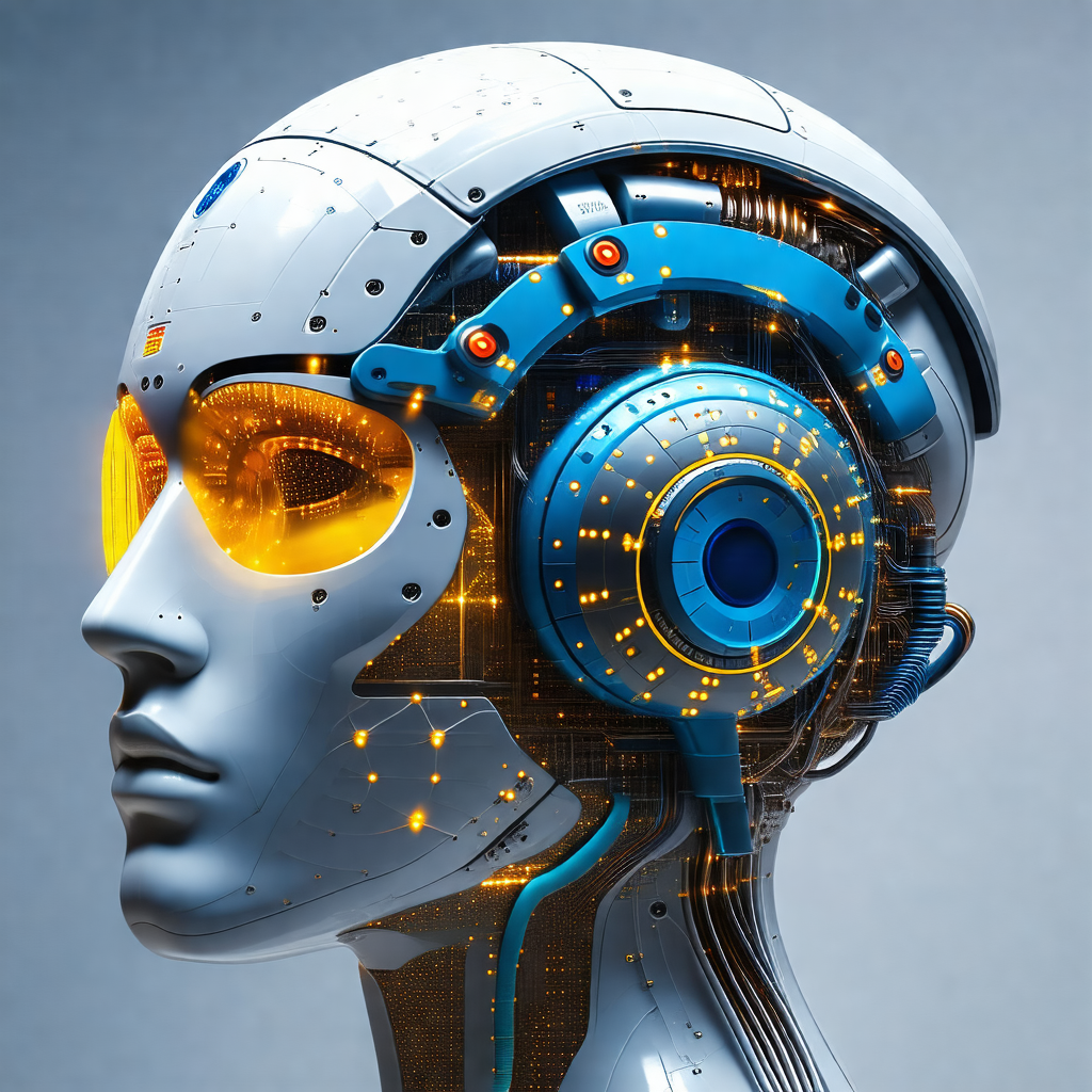 Futuristic robot head with a blue and yellow color scheme