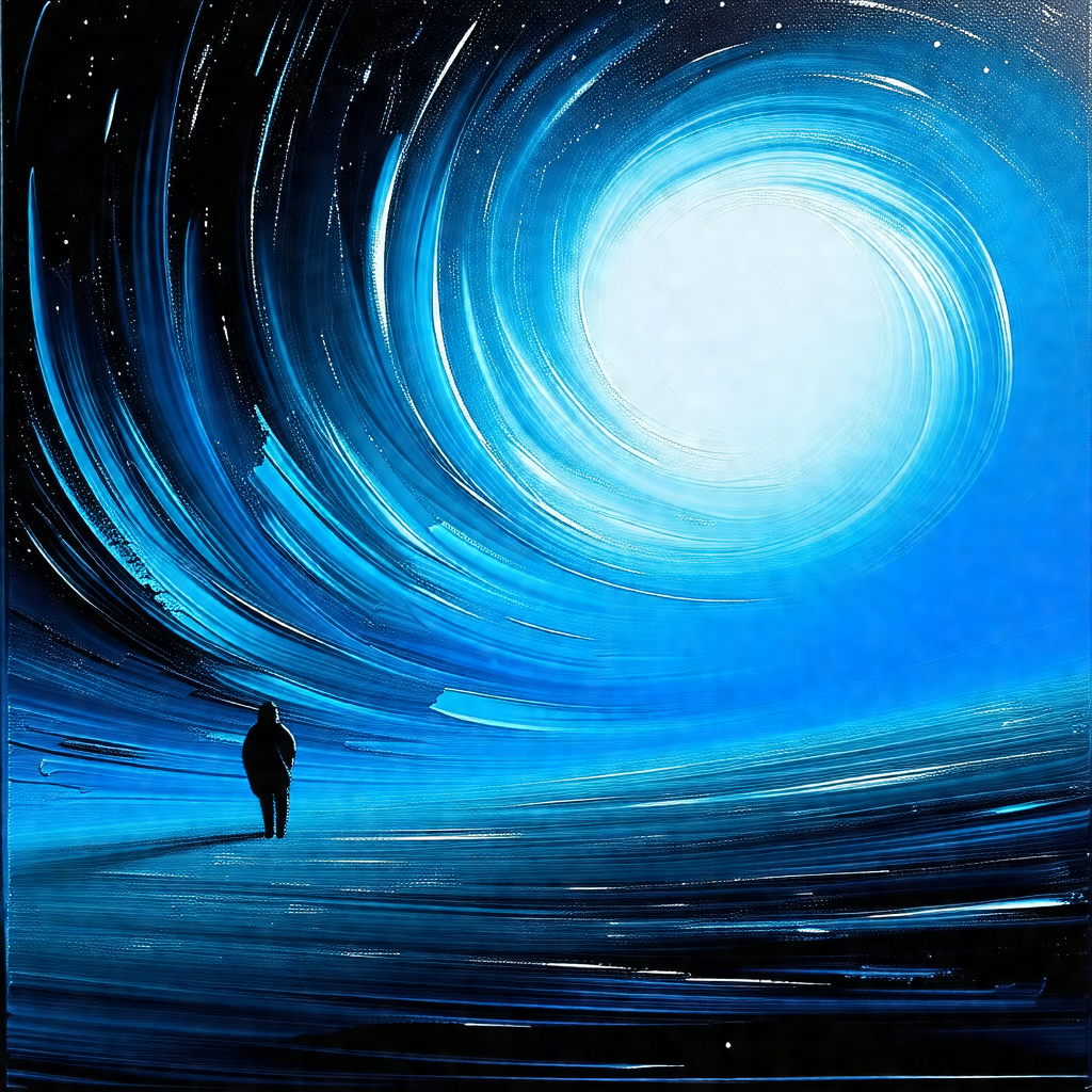 Person walking on a path in a dark, blue-toned environment