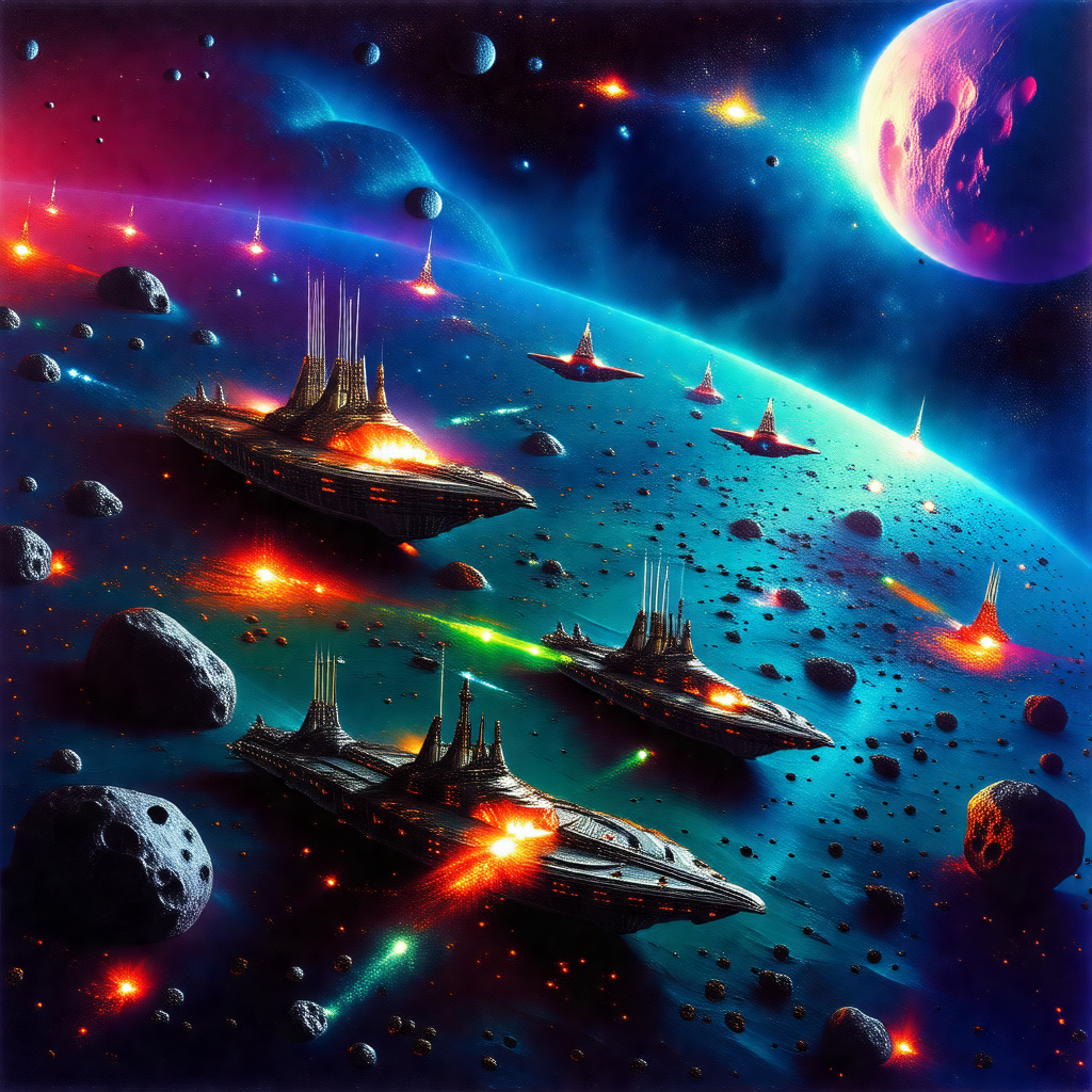 Colorful and detailed painting of a space battle between ...
