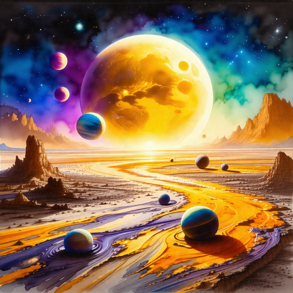 Colorful and vibrant painting of a planet with several mo...