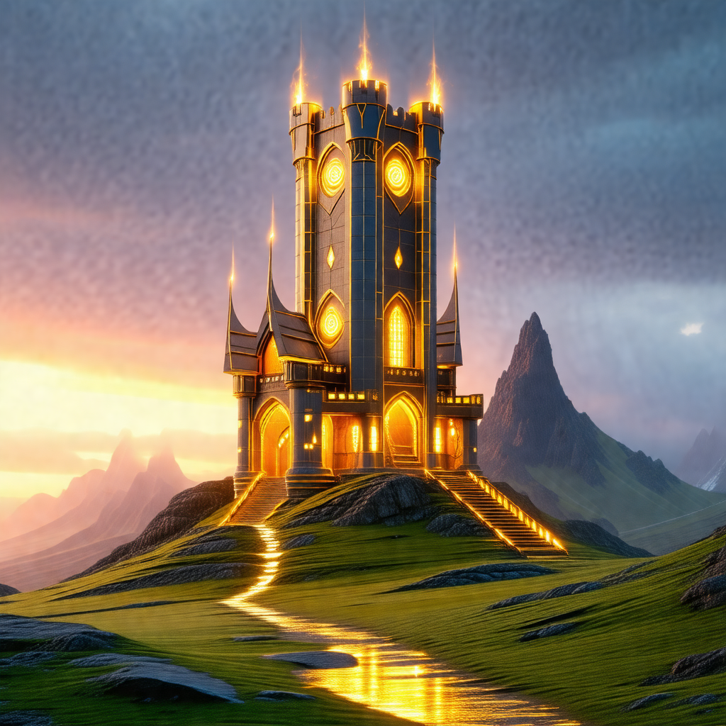 Large, ornate castle with a clock tower, situated on a hill