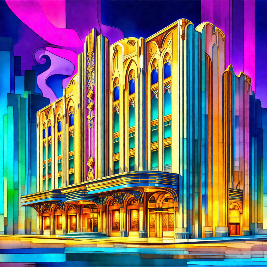 Colorful painting of a large building, possibly a theater...