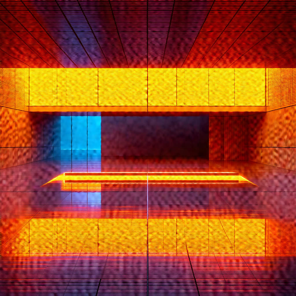 3d rendering of a room with a large, brightly lit orange ...