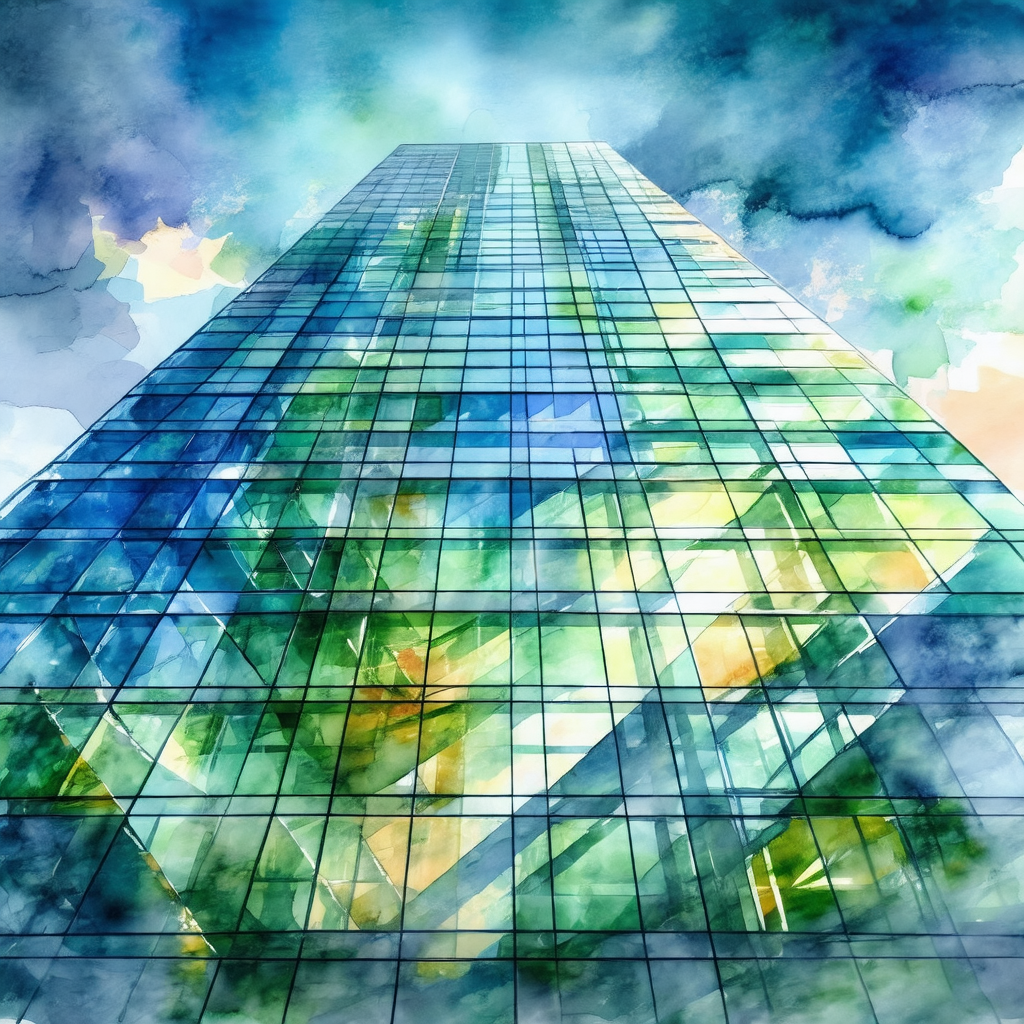 Painting of a tall building with many windows