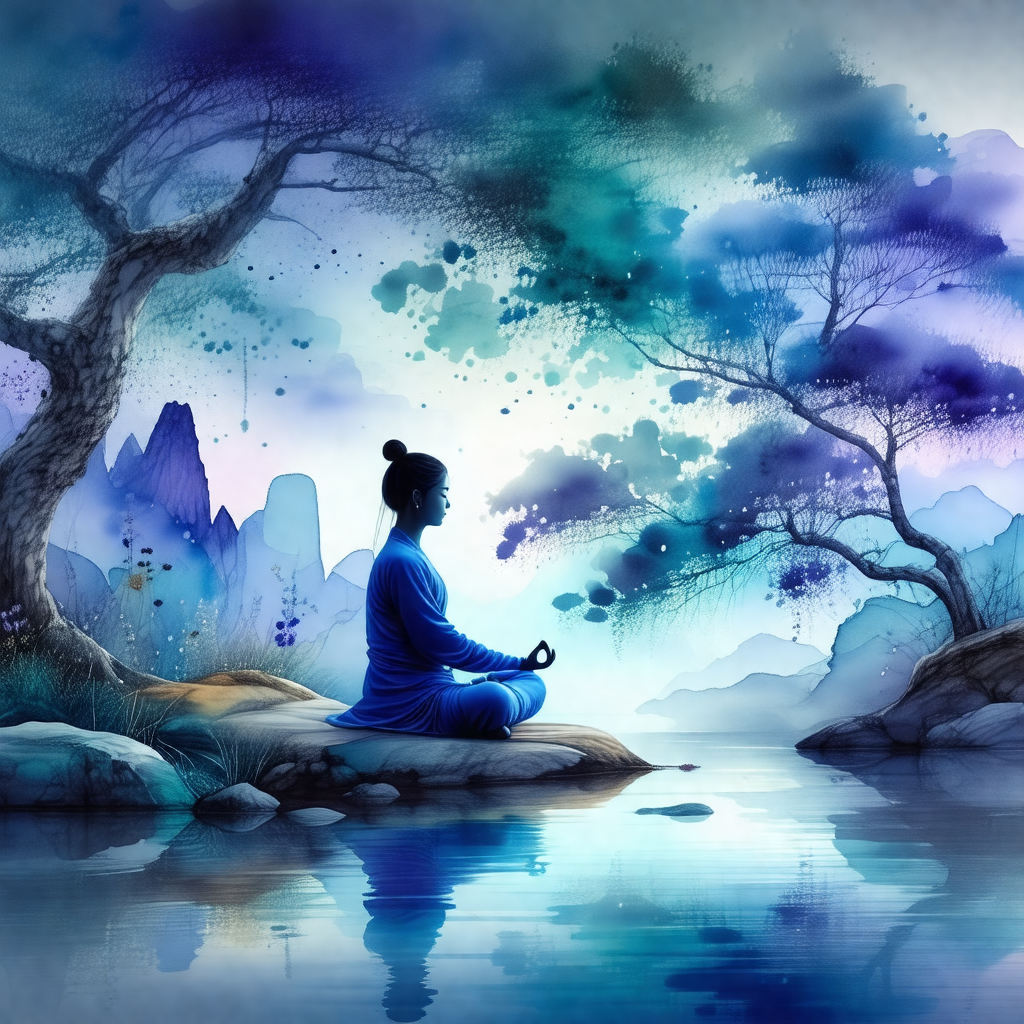 Woman sitting on a rock in a serene environment