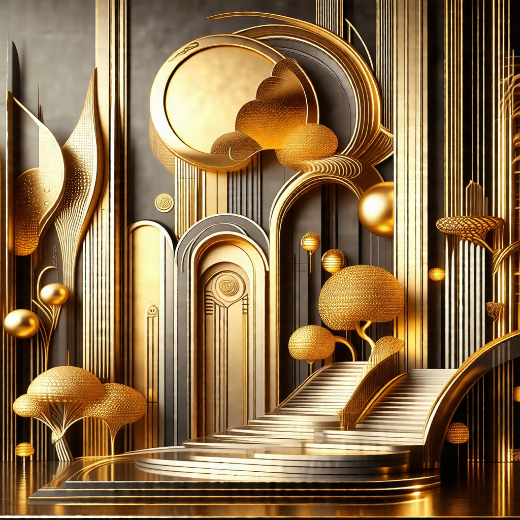 Grand staircase with a gold and white color scheme