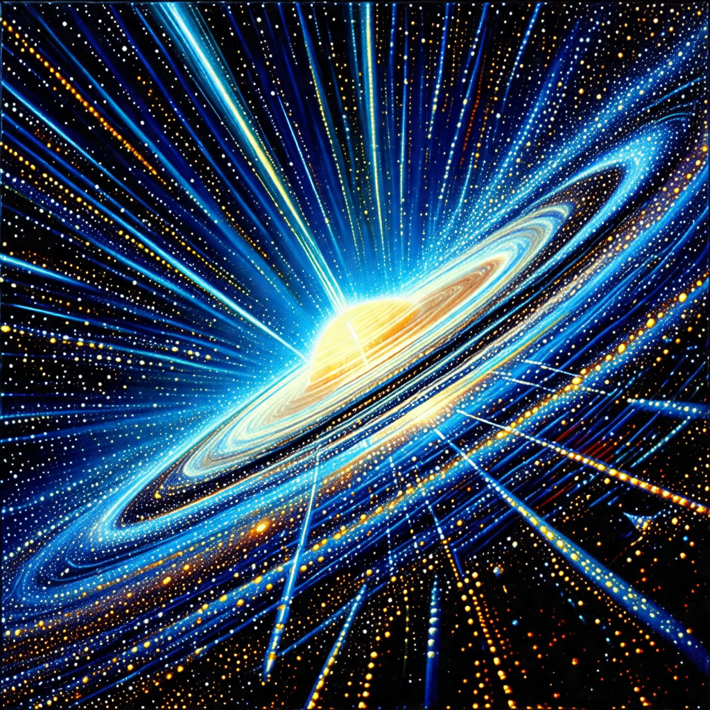 Colorful and detailed painting of a spiral galaxy