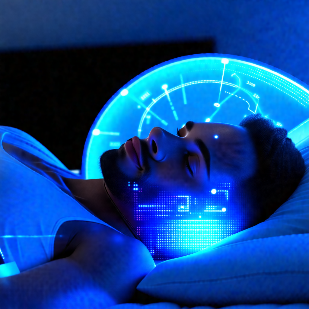 Man lying in bed, wearing a futuristic headset