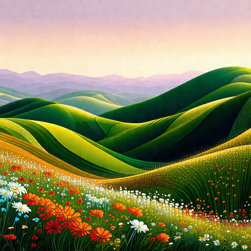 Painting of a beautiful landscape featuring a lush green ...