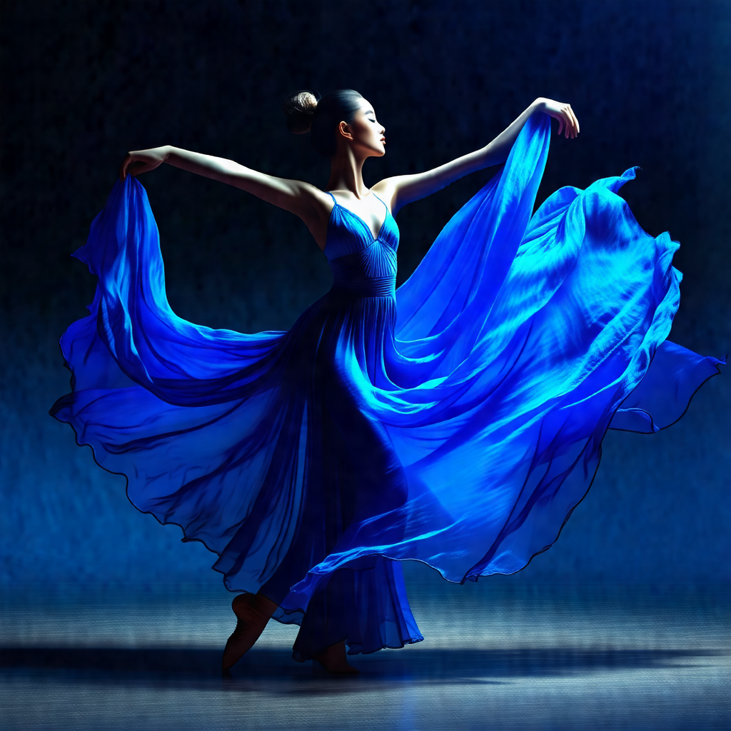 Woman in a blue dress, standing on a stage and performing...