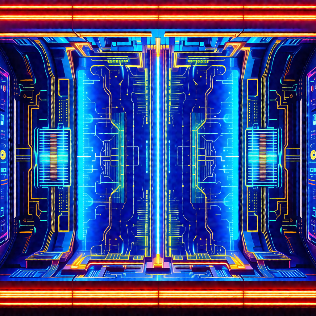 Close-up of a futuristic, blue and yellow computer system