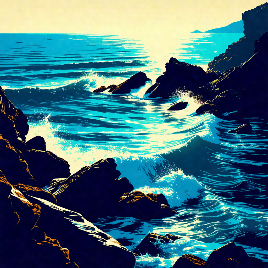 Black and white painting of a rocky coastline with a body...