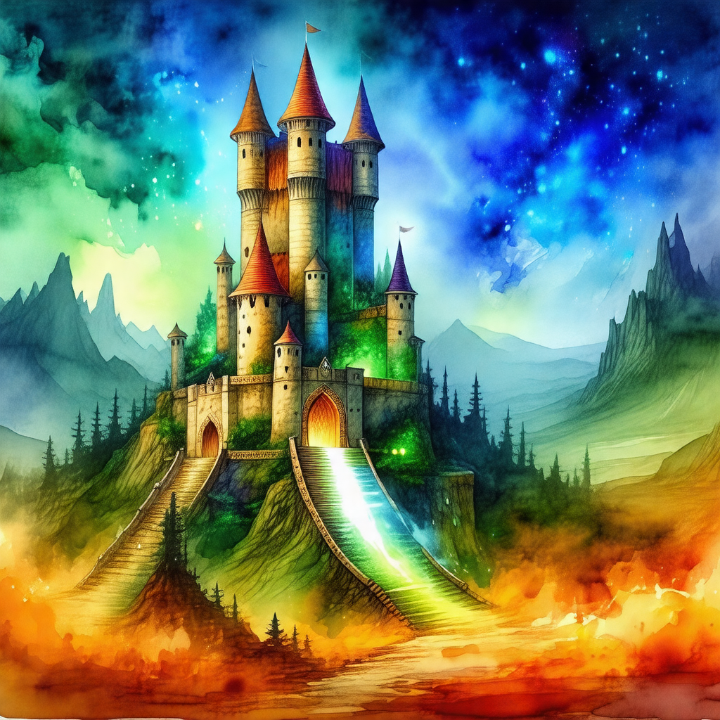Colorful and detailed painting of a castle, which is situ...