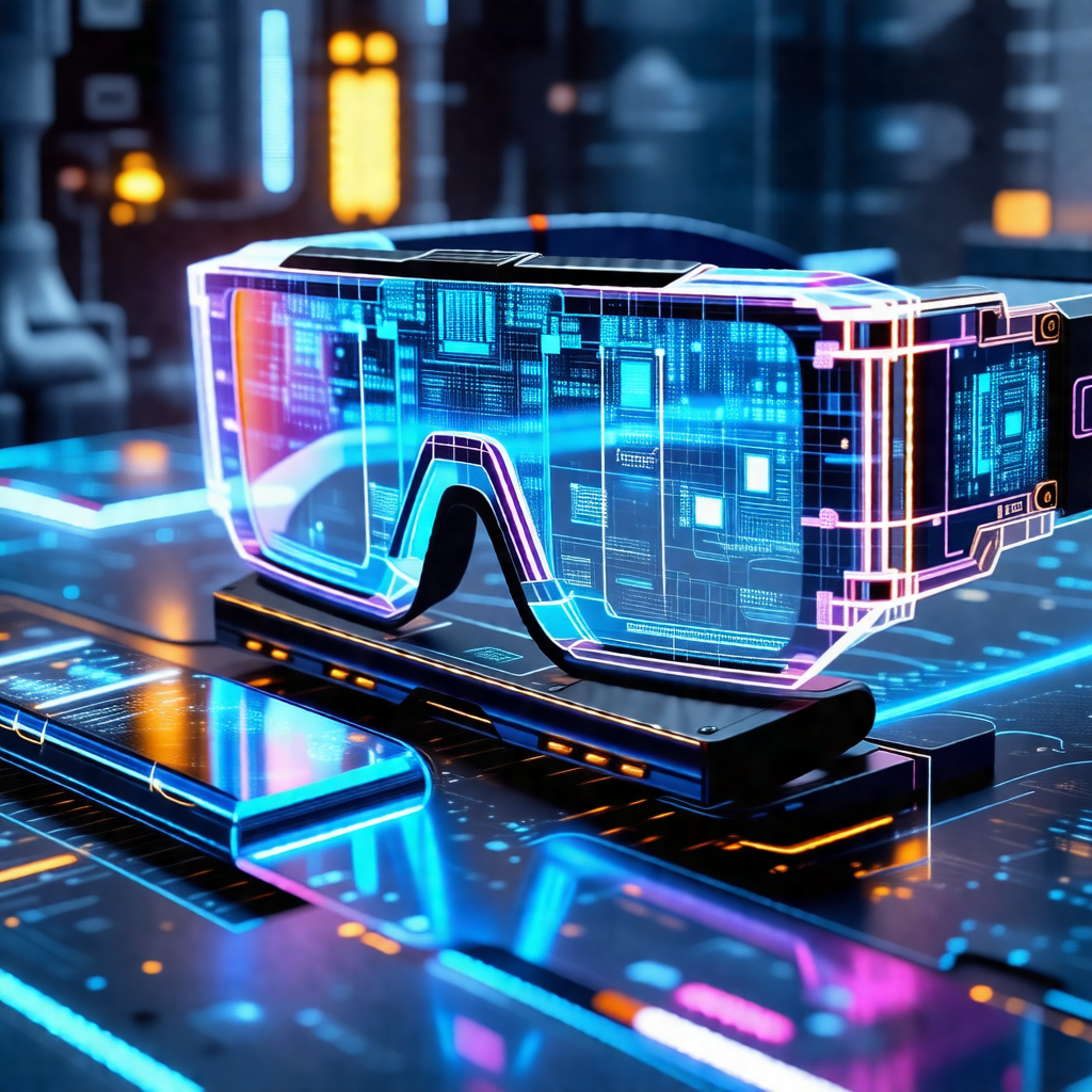 Pair of futuristic, blue-tinted glasses sitting on a table