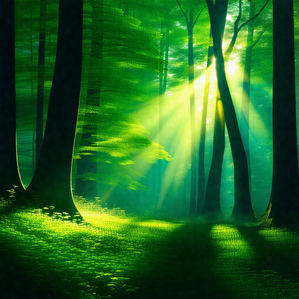 Lush green forest filled with trees and sunlight