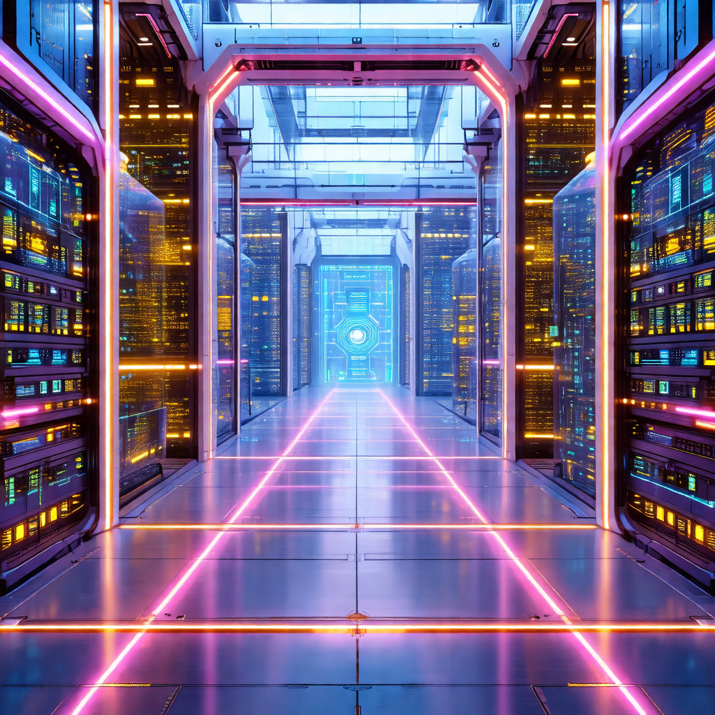 Futuristic, computer-generated scene of a large, high-tec...