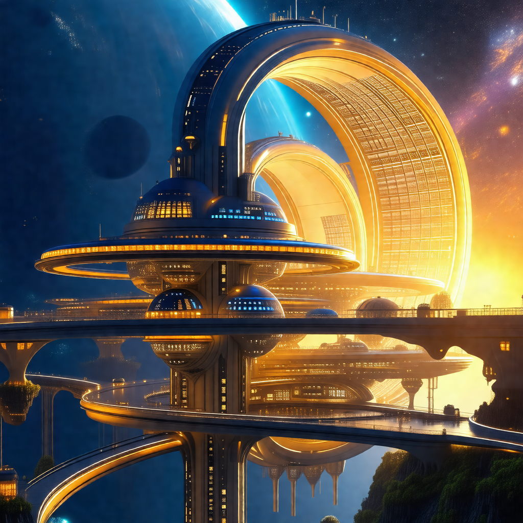 Futuristic city with a large, curved building that resemb...